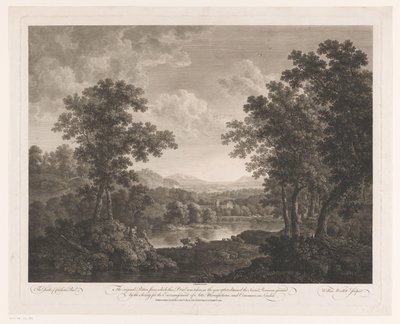 Landschap met herders en vee aan een meer door William Woollett
