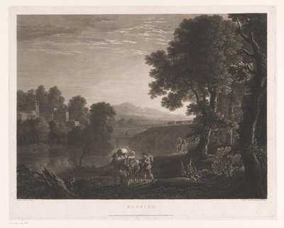 Landschap met herders en vrouw op muilezel aan de oever van een rivier door William Woollett