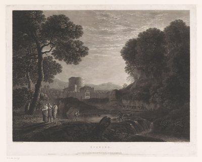 Landschap met poort en toren aan de oever van een rivier door William Woollett