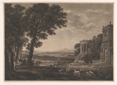 Landschap met vader van Psyche die offert voor de tempel van Apollo door William Woollett