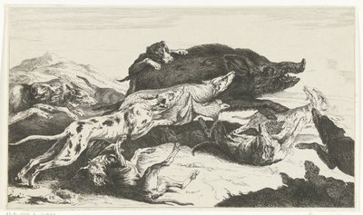 Honden jagen een zwijn door William Young Ottley