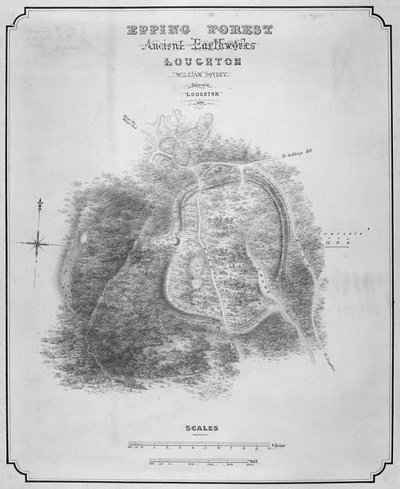 Kaart van de oude aarden wallen bij Loughton Camp gemaakt rond AD 52 in Epping Forest, Essex, 1876 door William d