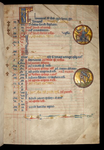 Ms 322 f.1r Januari, een driehoofdige man die drinkt, illustratie uit de 