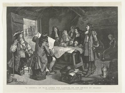 Willem III houdt krijgsberaad in een vissershut, 1688 door Williamson