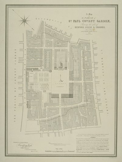 Kaart van de parochie van St. Paul, Covent Garden, met de locatie van Bedford House en gronden, gepubliceerd door W.P. Metchim, 1686 door Willian Leybourn