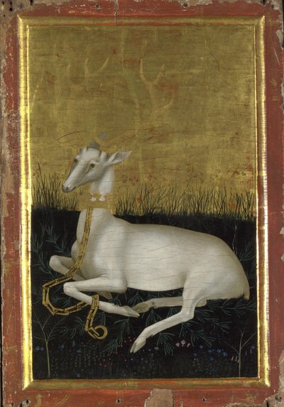 Een witte hert geketend met een kroon om zijn nek Het buitenpaneel van het Wilton-diptiek, tussen 1395 en 1399 door Wilton Master