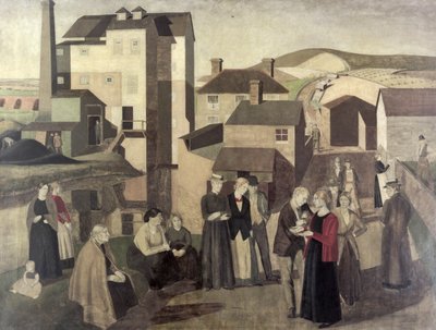 Een scène in een dorpsstraat met, molenarbeiders die praten door Winifred Knights