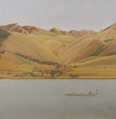 Rand van Abruzzi: Boot met drie mensen op een meer door Winifred Knights