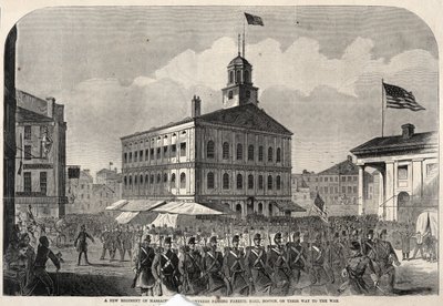 Een nieuw regiment vrijwilligers uit Massachusetts passeert Faneuil Hall, Boston, op weg naar de oorlog. door Winslow Homer