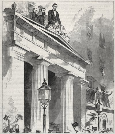 Abraham Lincoln, De verkozen president, toespreekt het volk vanaf het balkon van het Astor House..., 1861 door Winslow Homer