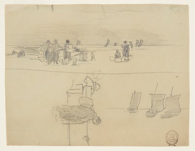 Strandscène met vrouwen die manden dragen, Cullercoats, Engeland door Winslow Homer