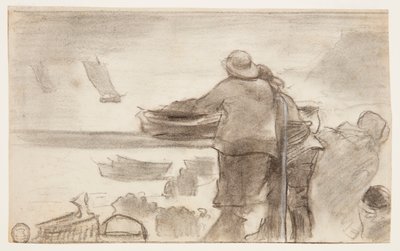 Strand met Boten en Mensen, Cullercoats, Engeland door Winslow Homer