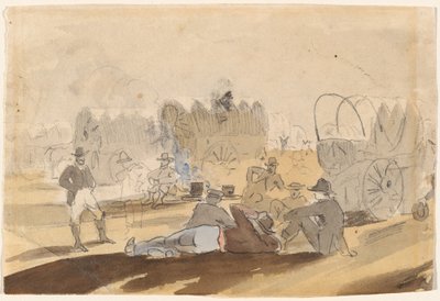 Karavaan met overdekte wagens rustend door Winslow Homer