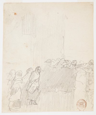 Tekening, Mannen en vrouwen kijken uit op zee, Cullercoats, Engeland, 1881 door Winslow Homer