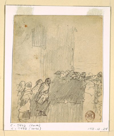 Tekening, Mannen en vrouwen kijken uit op zee, Cullercoats, Engeland, 1881 door Winslow Homer