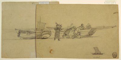 Tekening, Mannen en vrouwen lossen een vissersboot, Cullercoats, Engeland, 1881-82 door Winslow Homer