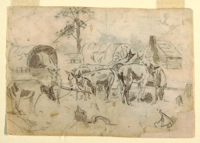 Tekening, rustende muilezels vastgebonden aan wagens, 1862 door Winslow Homer
