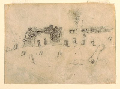Tekening, brancardiers die een soldaat dragen, waarschijnlijk 1862 door Winslow Homer