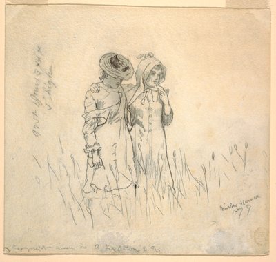 Tekening, Twee meisjes in een veld, 1879 door Winslow Homer
