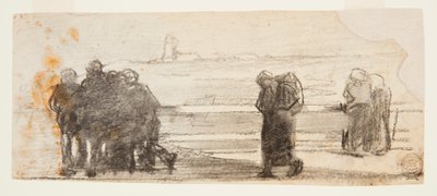 Figuren met uitzicht op baai en kleine boot, Cullercoats, Engeland door Winslow Homer