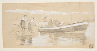 Vissers en Vrouwen die Netten Opruimen in een Gestrande Dory, Cullercoats, Engeland door Winslow Homer