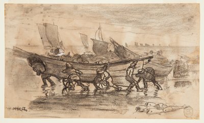 Vissers die een dory aan land brengen, Cullercoats, Engeland door Winslow Homer