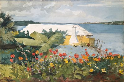 Bloementuin en bungalow, Bermuda door Winslow Homer
