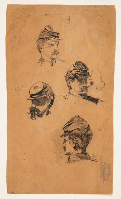 Vier studies van soldatenhoofden door Winslow Homer