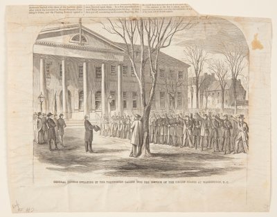 Generaal Thomas legt de vrijwilligers de eed af die in dienst van de Verenigde Staten zijn geroepen in Washington D.C. door Winslow Homer