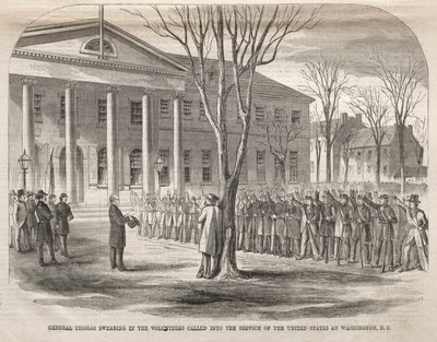 Generaal Thomas beëdigt de vrijwilligers die in dienst van de Verenigde Staten zijn geroepen in Washington D.C. door Winslow Homer