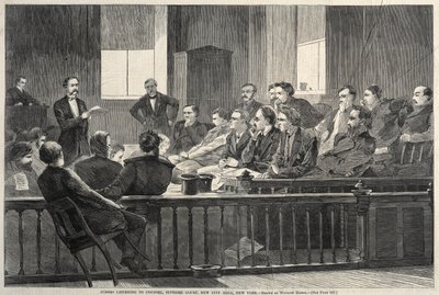 Juristen luisteren naar de raadsman, Hooggerechtshof, New City Hall, New York, 1869 door Winslow Homer