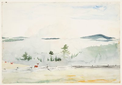 Landschap met herten in een ochtendnevel door Winslow Homer