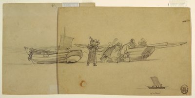 Mannen en vrouwen lossen een vissersboot, Cullercoats, Engeland door Winslow Homer