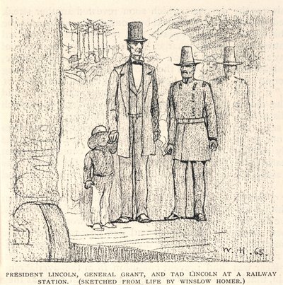 President Lincoln, generaal Grant en Tad Lincoln op een treinstation, uit The Century Magazine, november 1887 door Winslow Homer