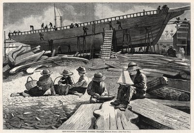 Scheepsbouw, haven van Gloucester door Winslow Homer