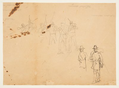 Schetsen van enkele infanteriefiguren en oefenhandtekeningen door Winslow Homer
