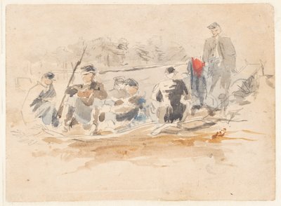 Zittende soldaten in een groep door Winslow Homer