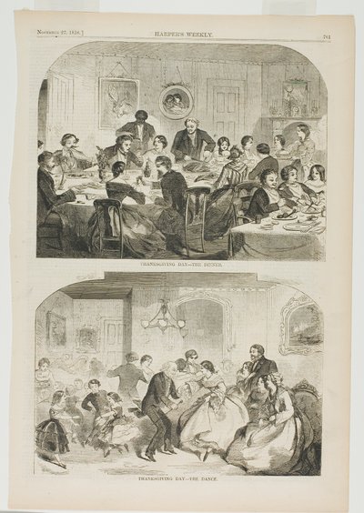 Dankdag-De Diner en Dankdag-De Dans door Winslow Homer