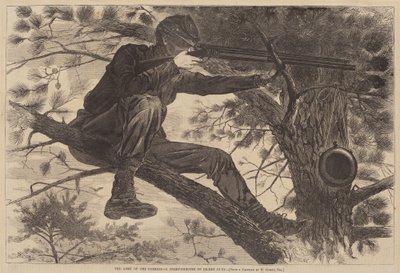 Het Leger van de Potomac - Een Scherpschutter op Wacht, gepubliceerd 1862 door Winslow Homer