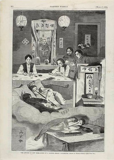 Chinezen in New York - Scène in een clubhuis in Baxter Street door Winslow Homer