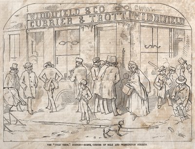 De koude periode, Boston - Scène, hoek Milk en Washington Streets, 1858 door Winslow Homer