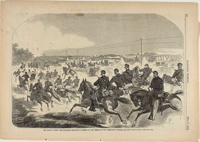 De cavalerie en artillerie van de Unie zetten de achtervolging in op de rebellen op de Yorktown Turnpike door Winslow Homer