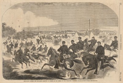 De cavalerie en artillerie van de Unie beginnen de achtervolging van de rebellen over de Yorktown Turnpike, uit Harper