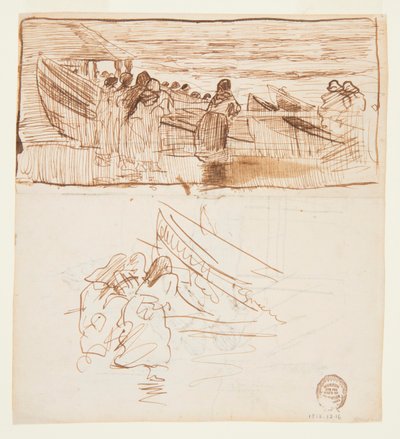 Twee studies van vrouwen achter een reling, kijkend naar de tewaterlating van dories, Cullercoats, Engeland door Winslow Homer