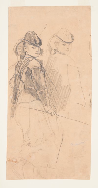 Twee studies van een jong meisje dat over haar schouder kijkt door Winslow Homer