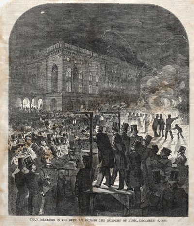 Vakbondsbijeenkomst in de open lucht buiten de Muziekacademie, 1859 door Winslow Homer