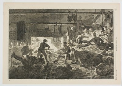 Winterverblijf in het kamp - de binnenkant van een hut door Winslow Homer