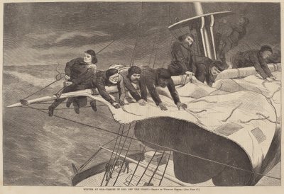 Winter op zee - Zeilen inhalen voor de kust, gepubliceerd 1869 door Winslow Homer