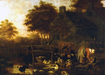 Landschap in Nederland (boerderij met veel dieren en een boer die een koe melkt) door Wintrack de Jongere door Wintrack the Younger