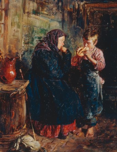 Oude vrouw en jongen met brood door Wladimir Jegorowitsch Makowski
